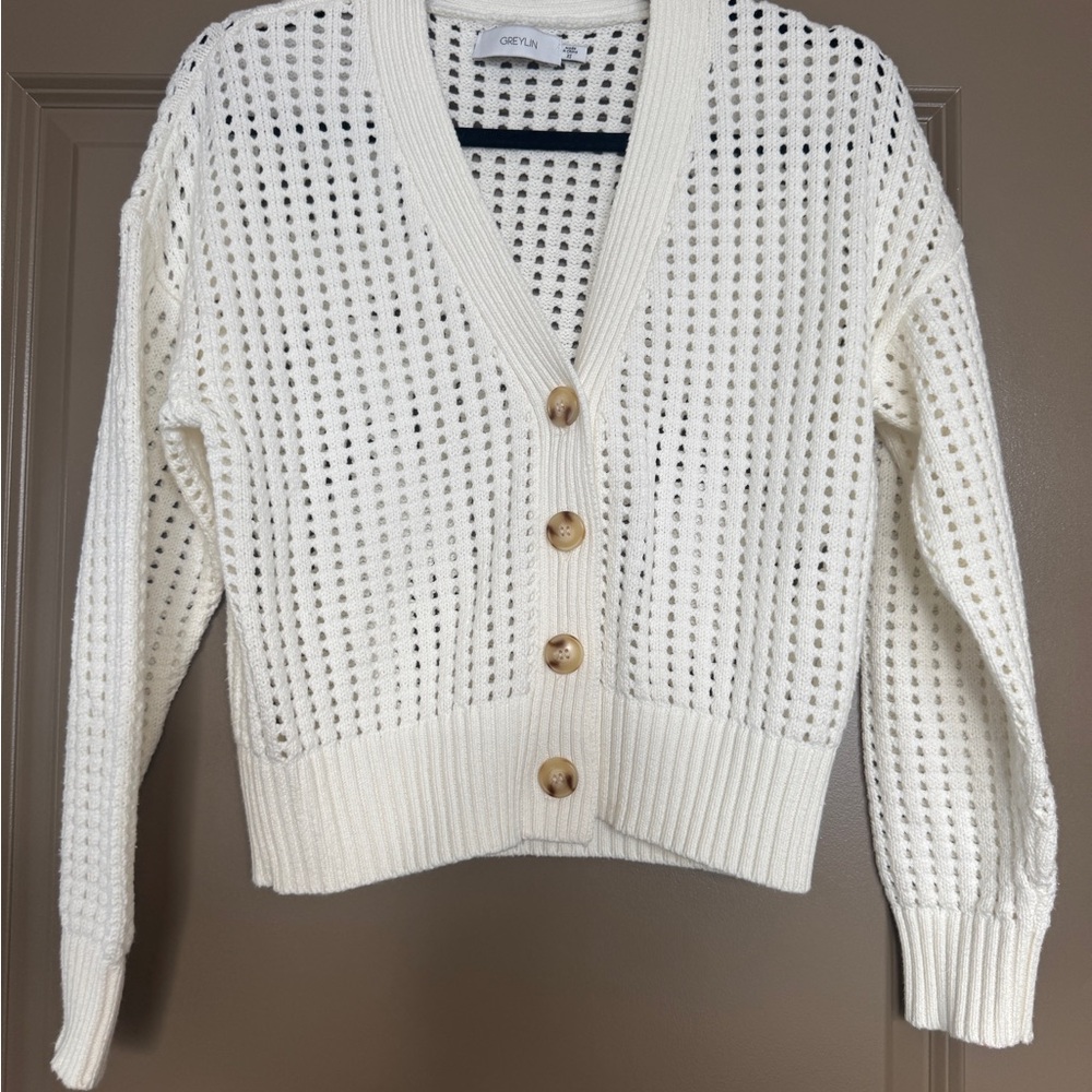 Greylin Cream Button-Up Open-Knit Cardigan